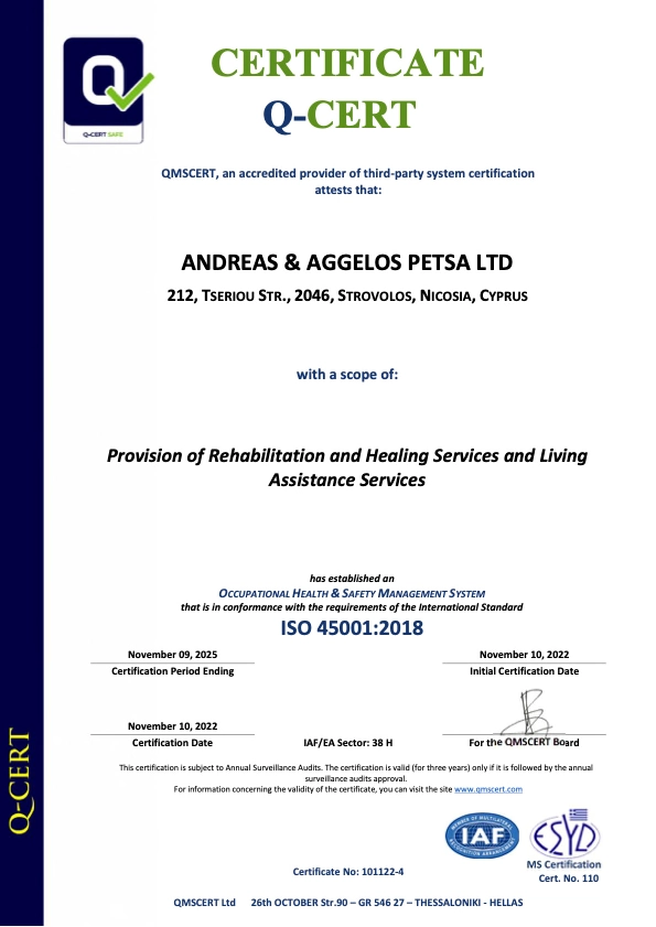 Certificate ISO 45001 EN ANDREAS & AGGELOS PETSA LTD